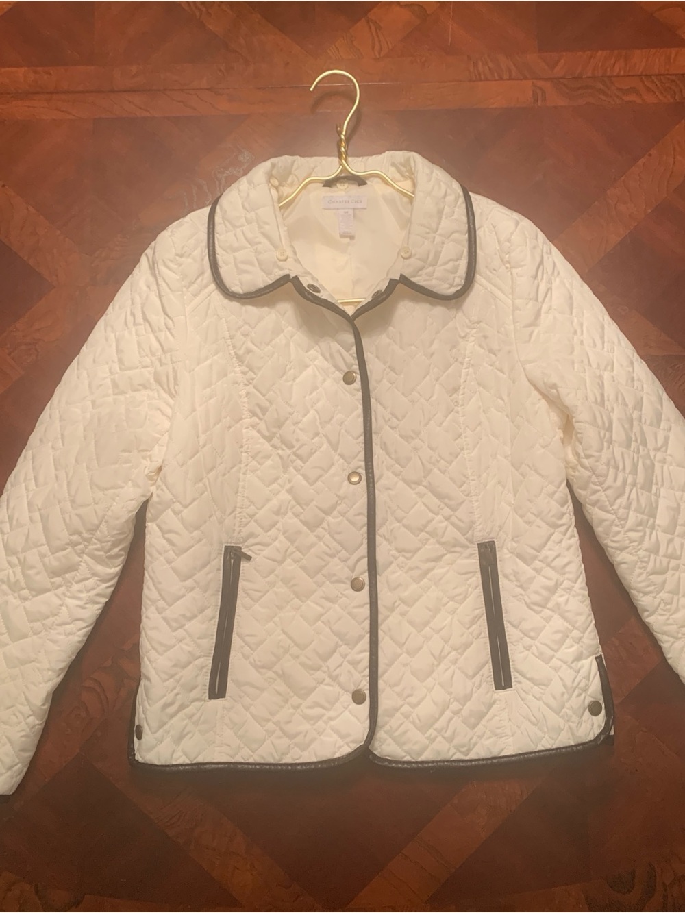 Charter Club Women’s White Quilted Jacket Faux Leather Trim S/M